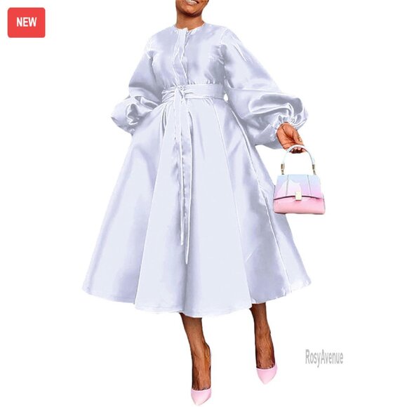 Long Sleeve Satin Cocktail Dress with Belt A-Line Formal Babydoll